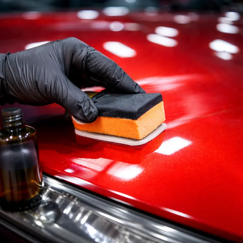 Ceramic coating Fresno application showing professional hand-applied coating on red car paint.