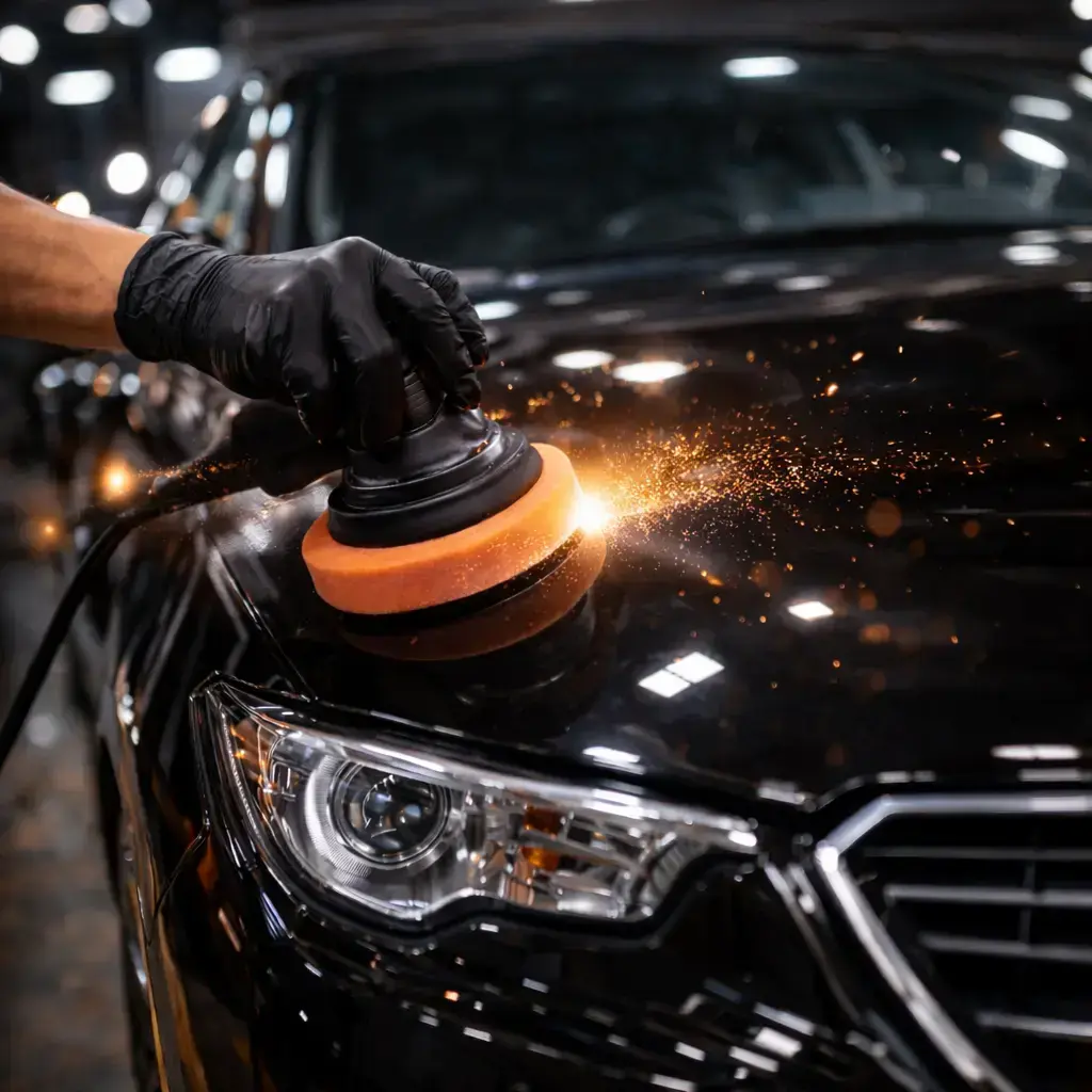 Ceramic coating Fresno service showing professional applying protective coating to black car.