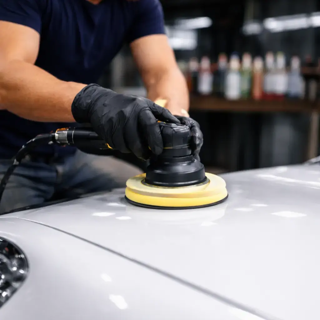 Paint correction Fresno process with expert polishing car hood to remove swirl marks processed by imagy 1