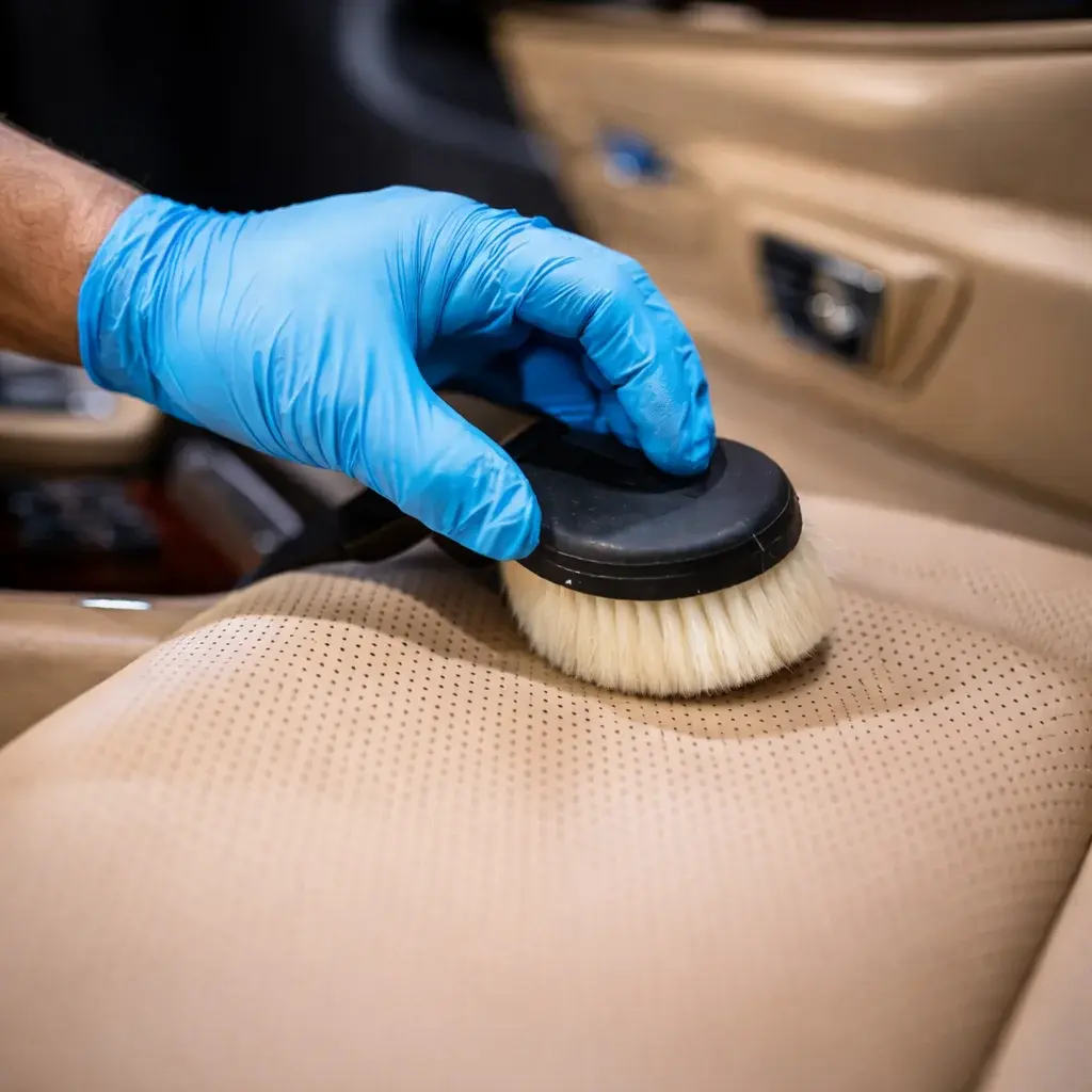 Professional car detailing Fresno interior cleaning with precision leather seat care.