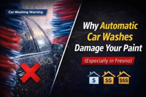 do automatic car washes damage paint swirl marks on black car in Fresno detailing inspection