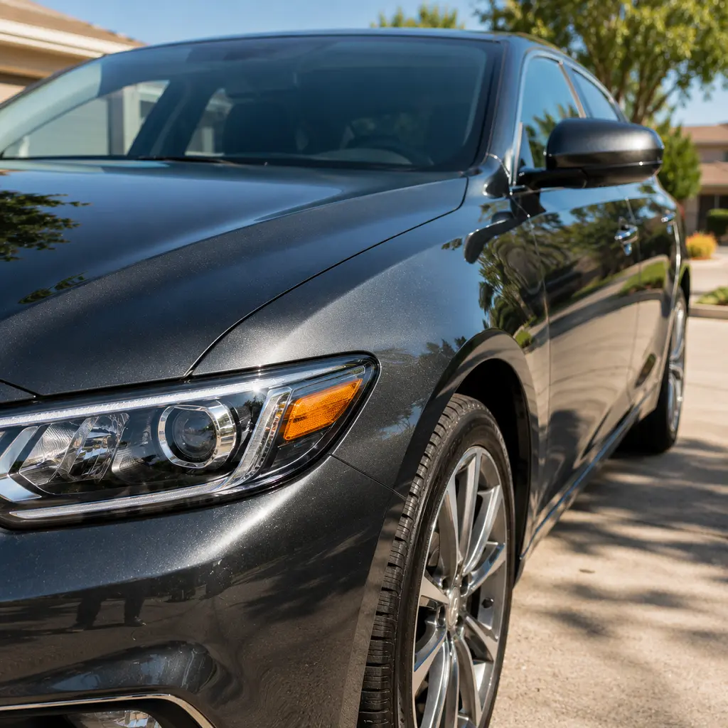 Metallic gray American sedan with glossy ceramic coated.