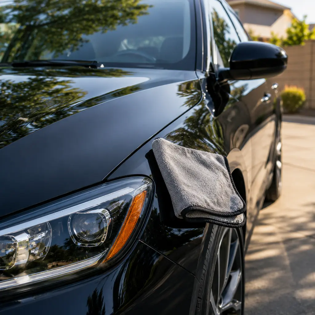 Clean ceramic coated black car with microfiber towel showing easy exterior maintenance.