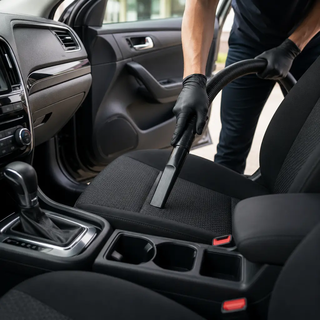 Fiz Detailing mobile car interior cleaning service vacuuming a vehicle seat in Fresno, CA.
