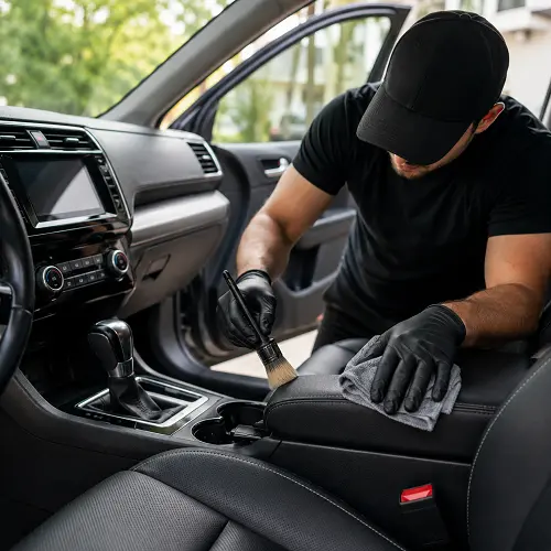 Professional interior car detailing in Fresno, CA, cleaning the center console and leather seats.