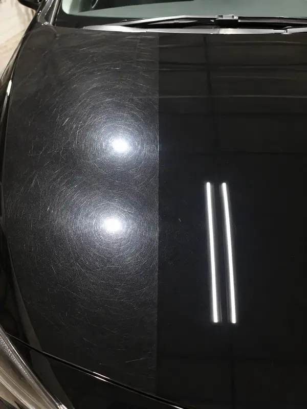 Car paint showing swirl marks before paint correction and a smooth corrected finish ready for ceramic coating.
