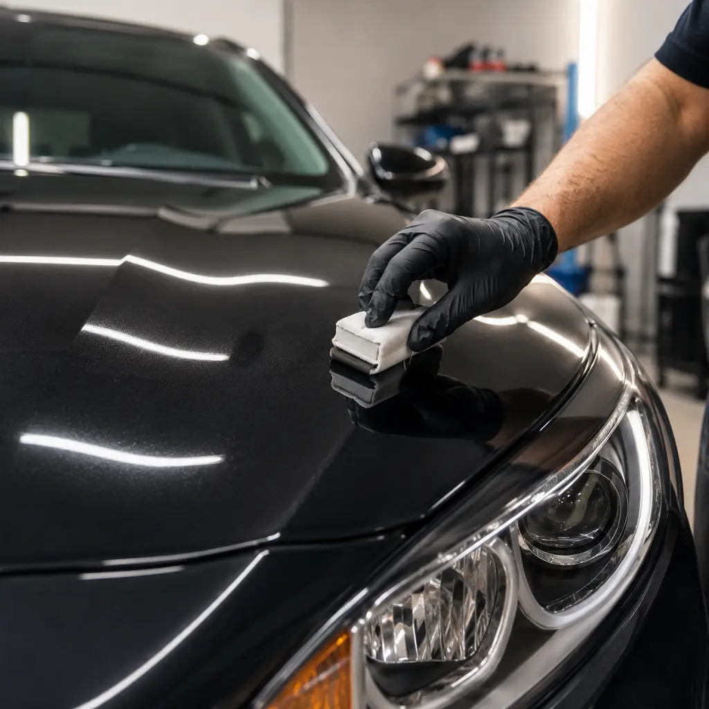 Professional ceramic coating application on a black car after careful paint preparation.